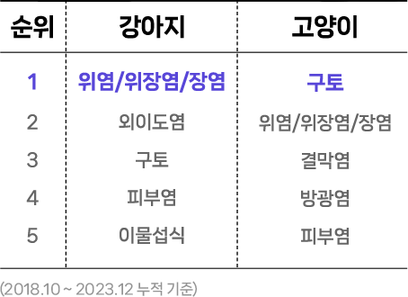 강아지는 1위 위염,위장염, 장염, 2위 외이도염, 3위 구토, 4위 피부염, 5위 이물 섭식, 고양이는 1위 구토, 2위 위장염, 3위 결막염, 4위 방광염, 5위 피부염
