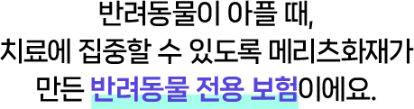 반려동물이 아플 때, 치료에 집중할 수 있도록 메리츠화재가 만든 반려동물 전용 보험이에요.